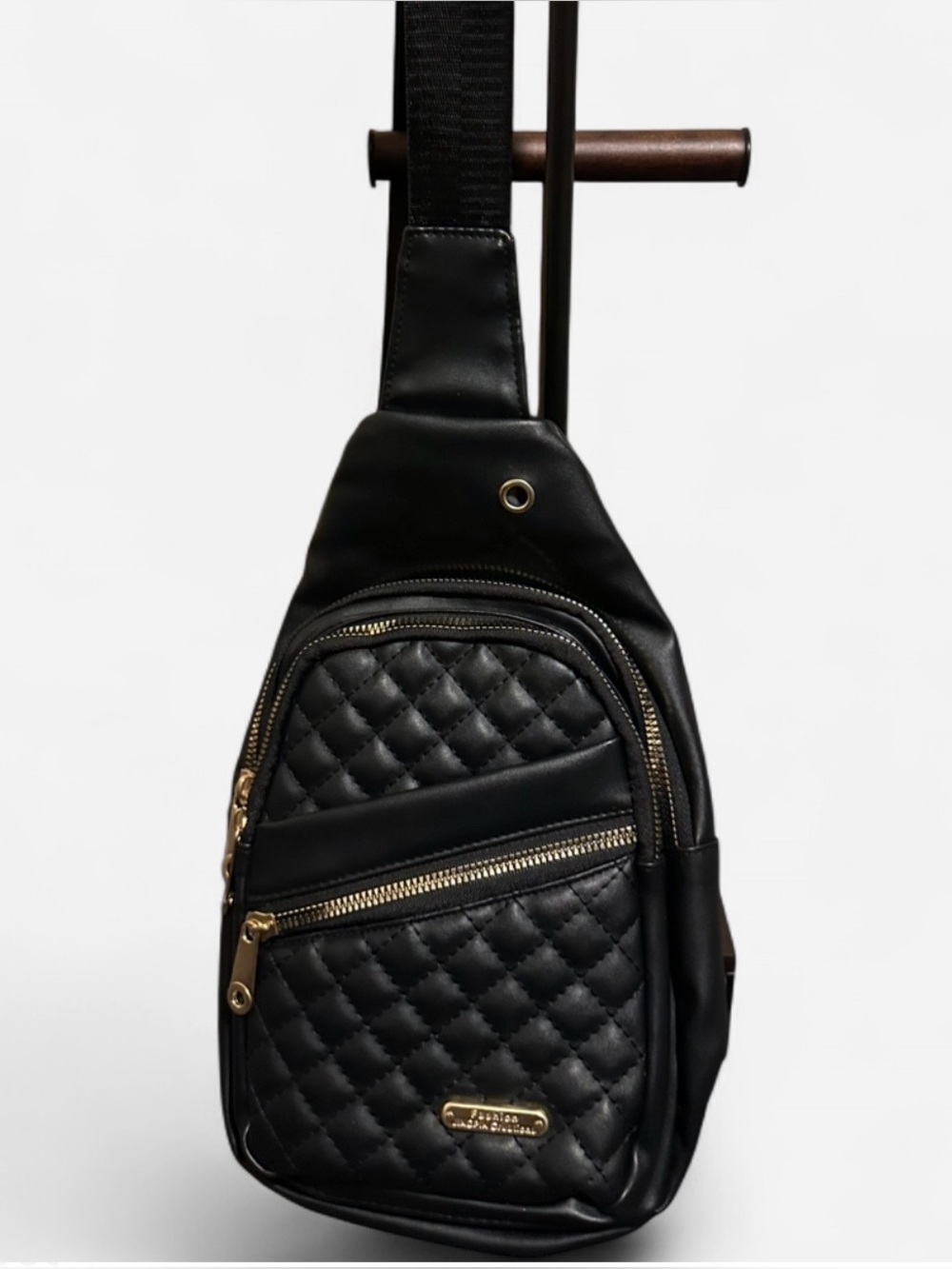 Quilted Black Sling Crossbody Bag with Gold Hardware